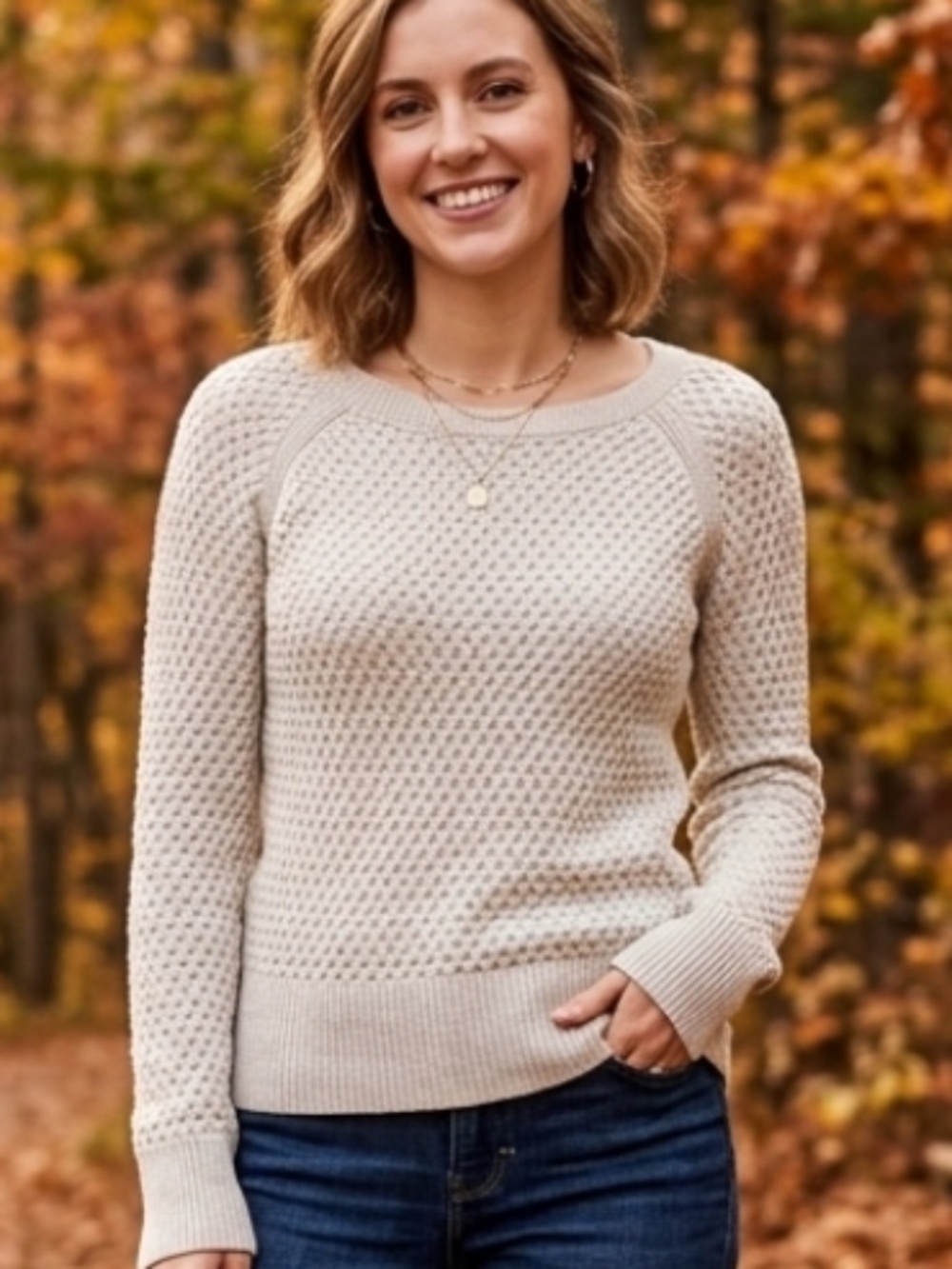 Lightweight Cozy American Eagle Cream-Oatmeal Basket Weave Cable Knit Sweater XS